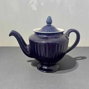 Vintage Cobalt Blue Ribbed Ceramic Teapot w/Lid Footed Base 9” Great Condition!
